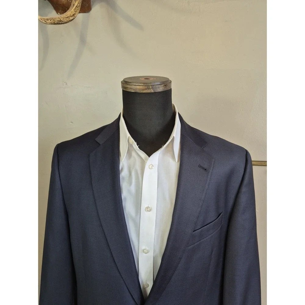 Joseph Abboud Mens Wool Sports Coat 44L Blue Plaid Made in USA 2 Button Jacket